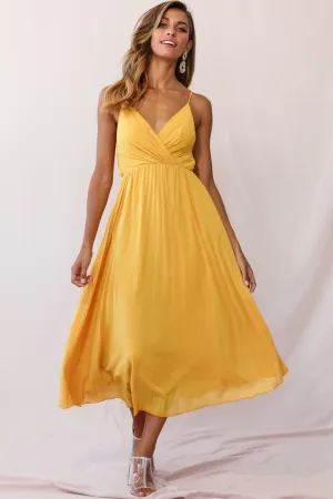 Artemis Accordion Pleat Strappy Back Midi Dress Mustard