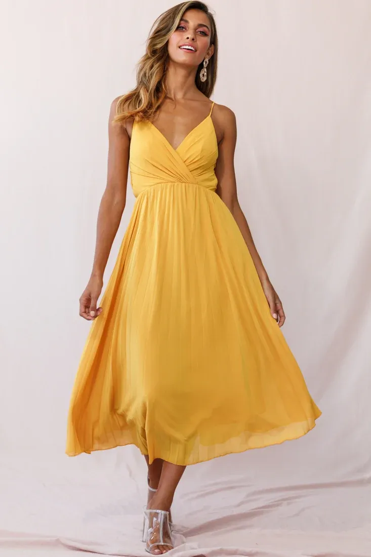 Artemis Accordion Pleat Strappy Back Midi Dress Mustard