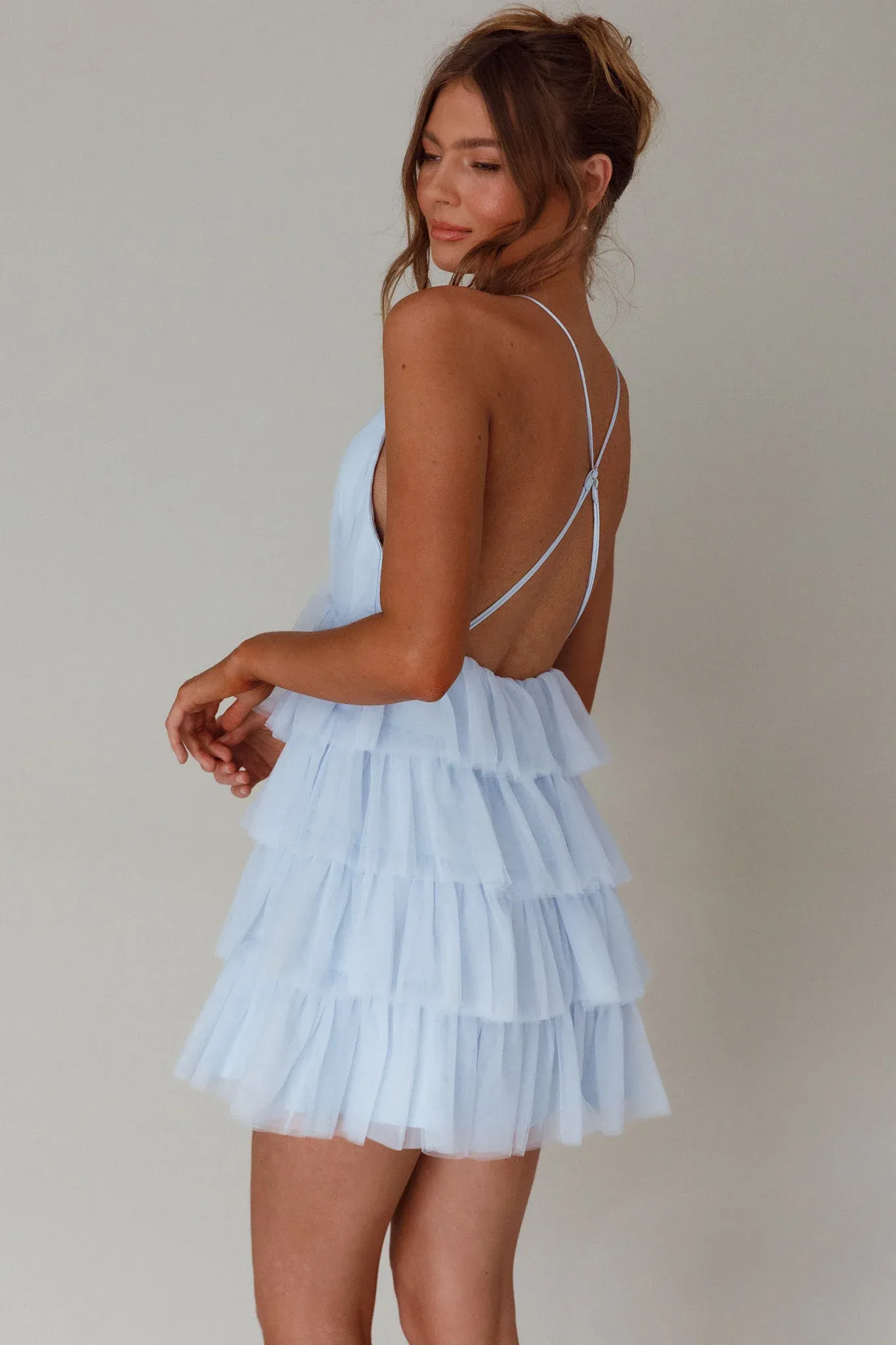 Auguste Tiered Frill Mini Dress Sky Blue