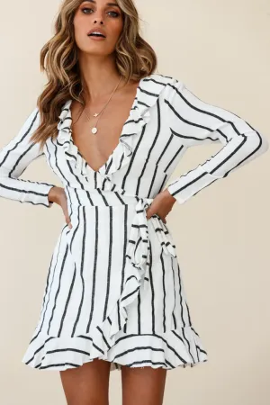 Beatrice Faux Wrap Ruffle Trim Raw Edge Dress White/Black Stripe