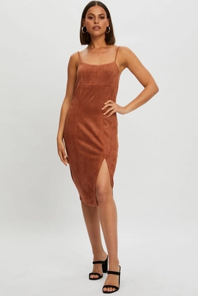 Beige Faux Suede Bodycon Midi Dress