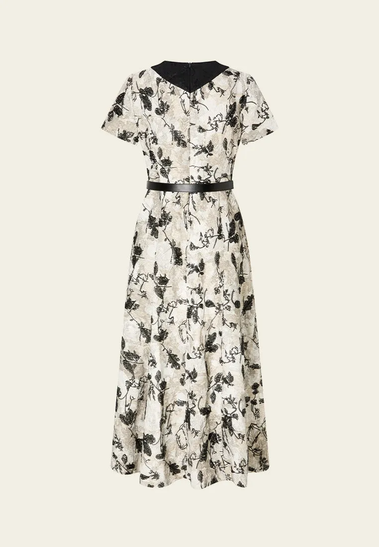 Belted Jacquard Contrasting-lapel Embellished Dress
