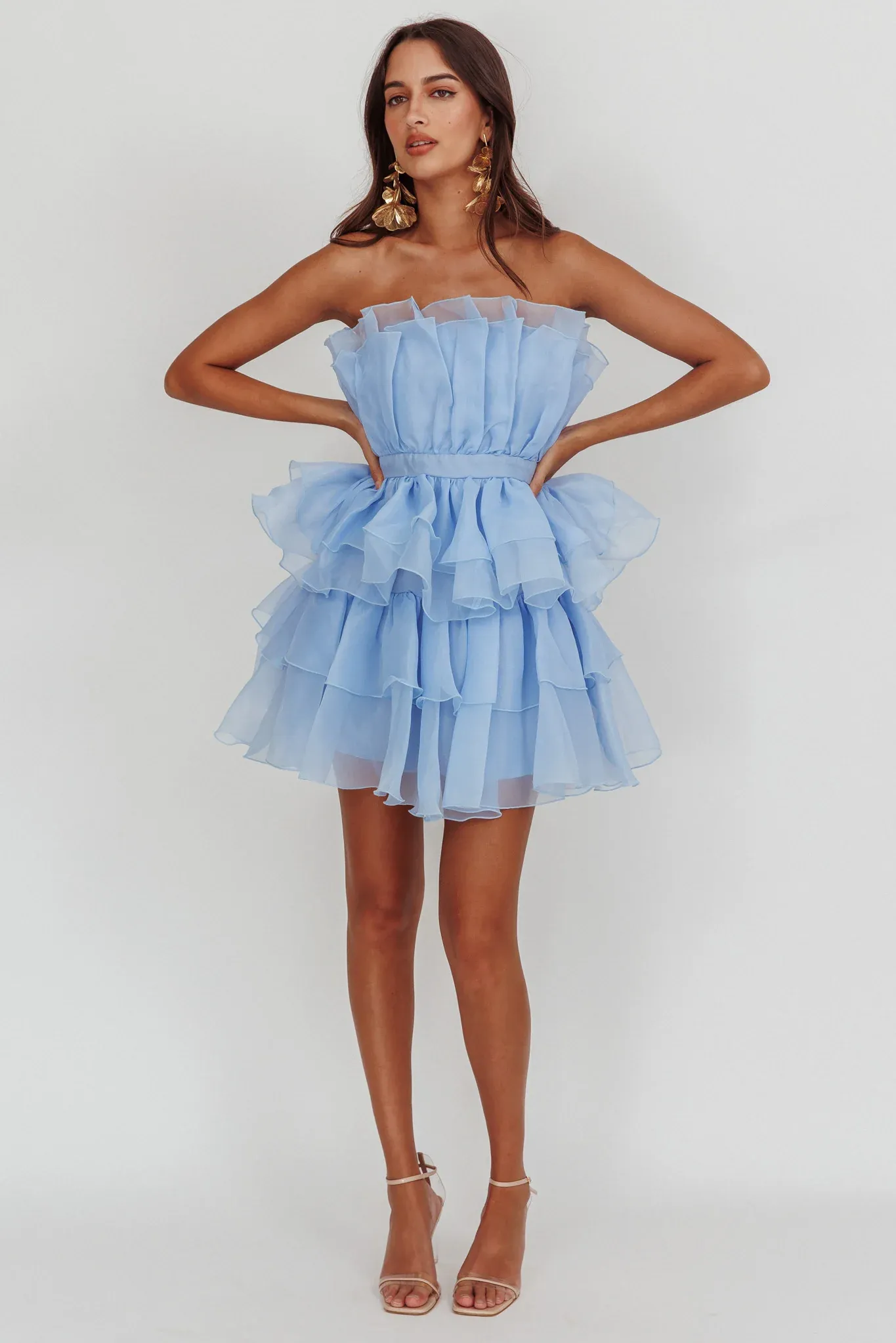 Bon Bon Tiered Chiffon Mini Dress Baby Blue