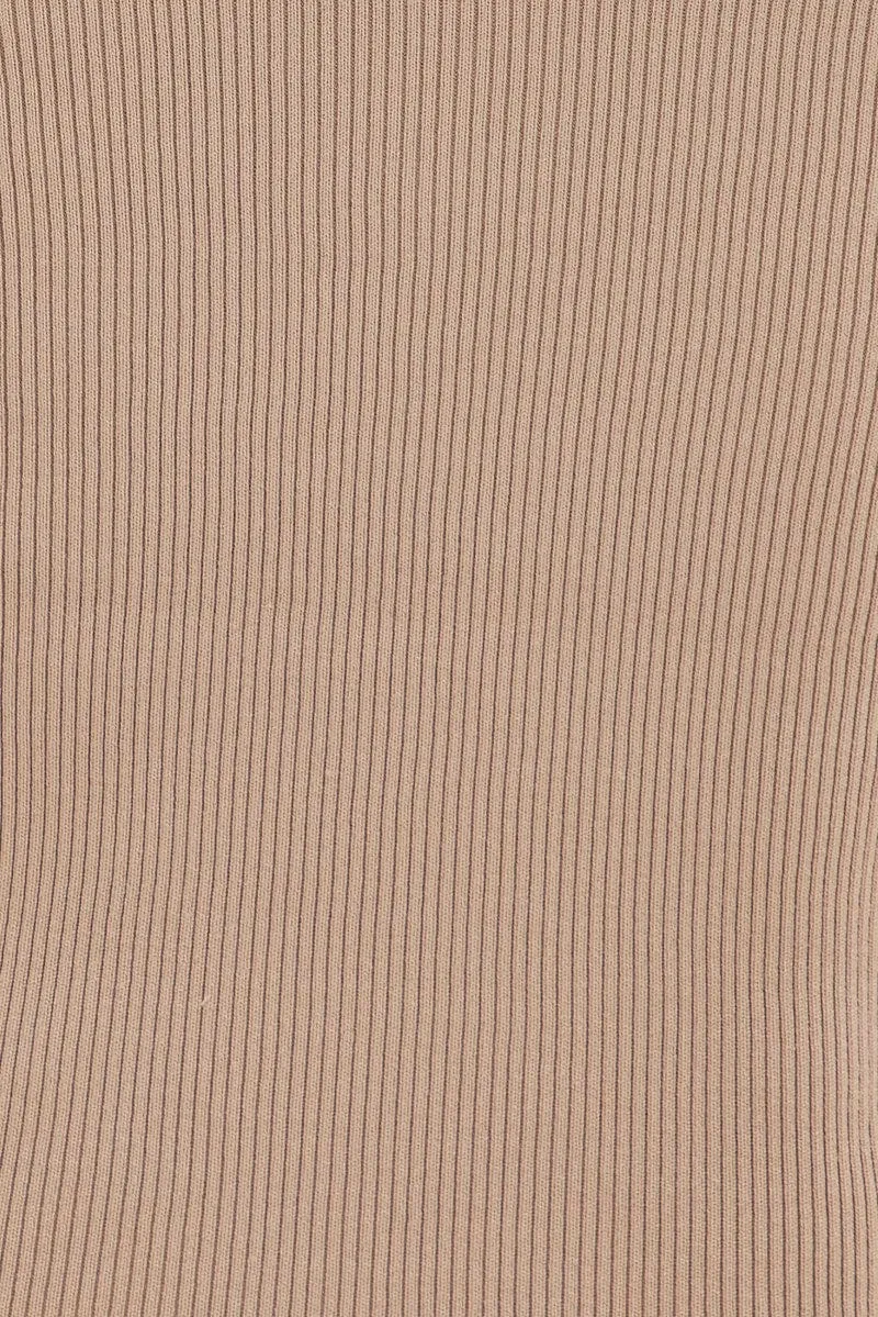 Brown Knit Dress Midi Square Neck Contrast Binding