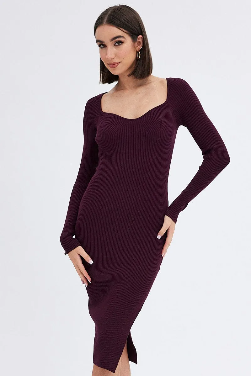 Brown Knit Dress Sweetheart Neck Long Sleeve Midi