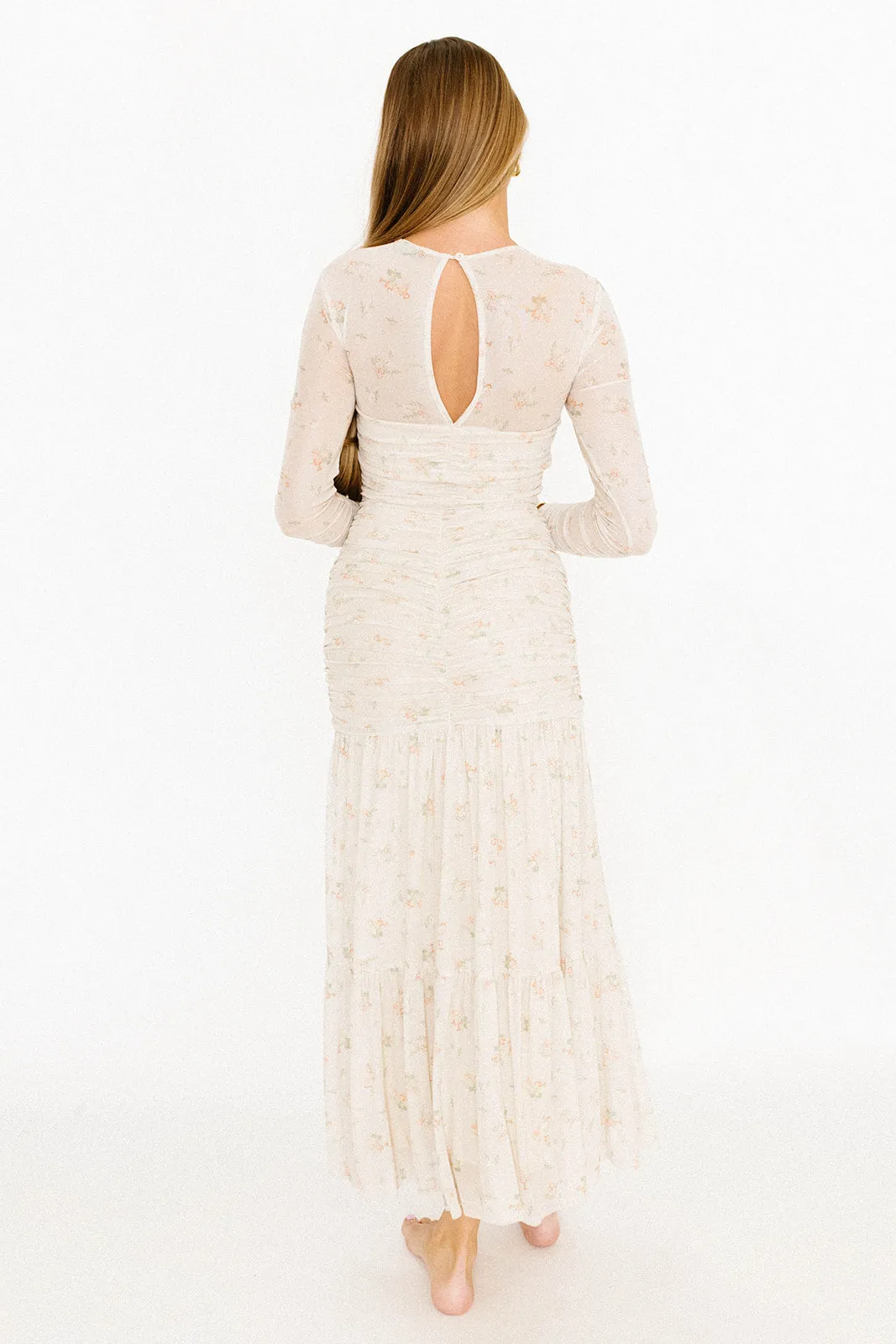Camille Mesh Gathered Side Seam Maxi Dress in Nude Multi Floral - Bump Friendly