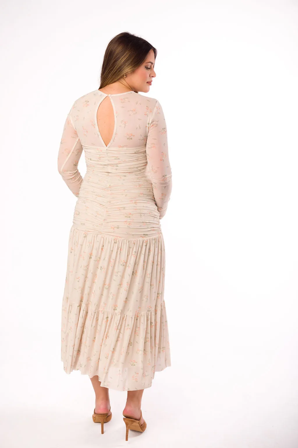 Camille Mesh Gathered Side Seam Maxi Dress in Nude Multi Floral - Bump Friendly