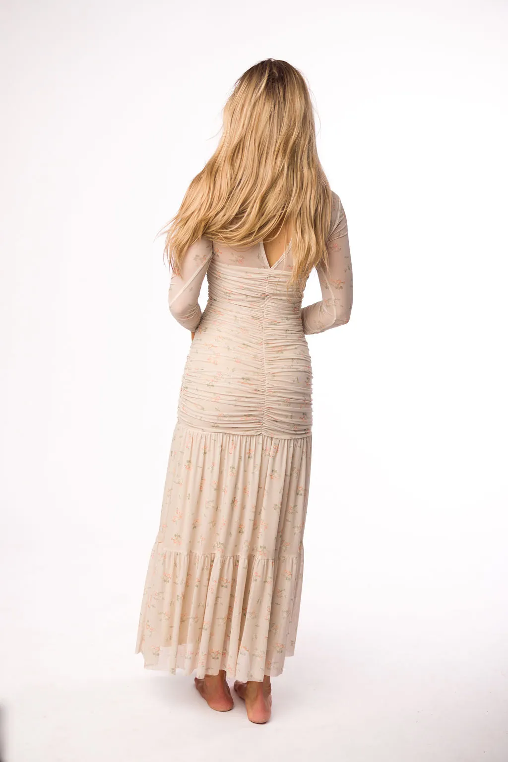 Camille Mesh Gathered Side Seam Maxi Dress in Nude Multi Floral - Bump Friendly