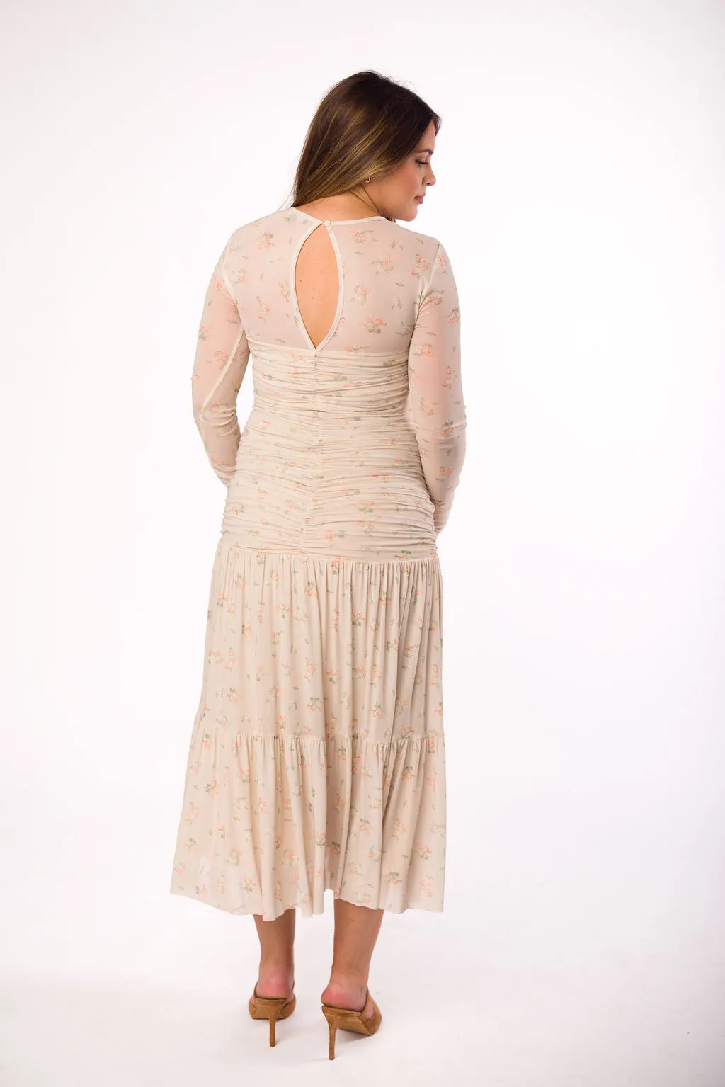 Camille Mesh Gathered Side Seam Maxi Dress in Nude Multi Floral - Bump Friendly