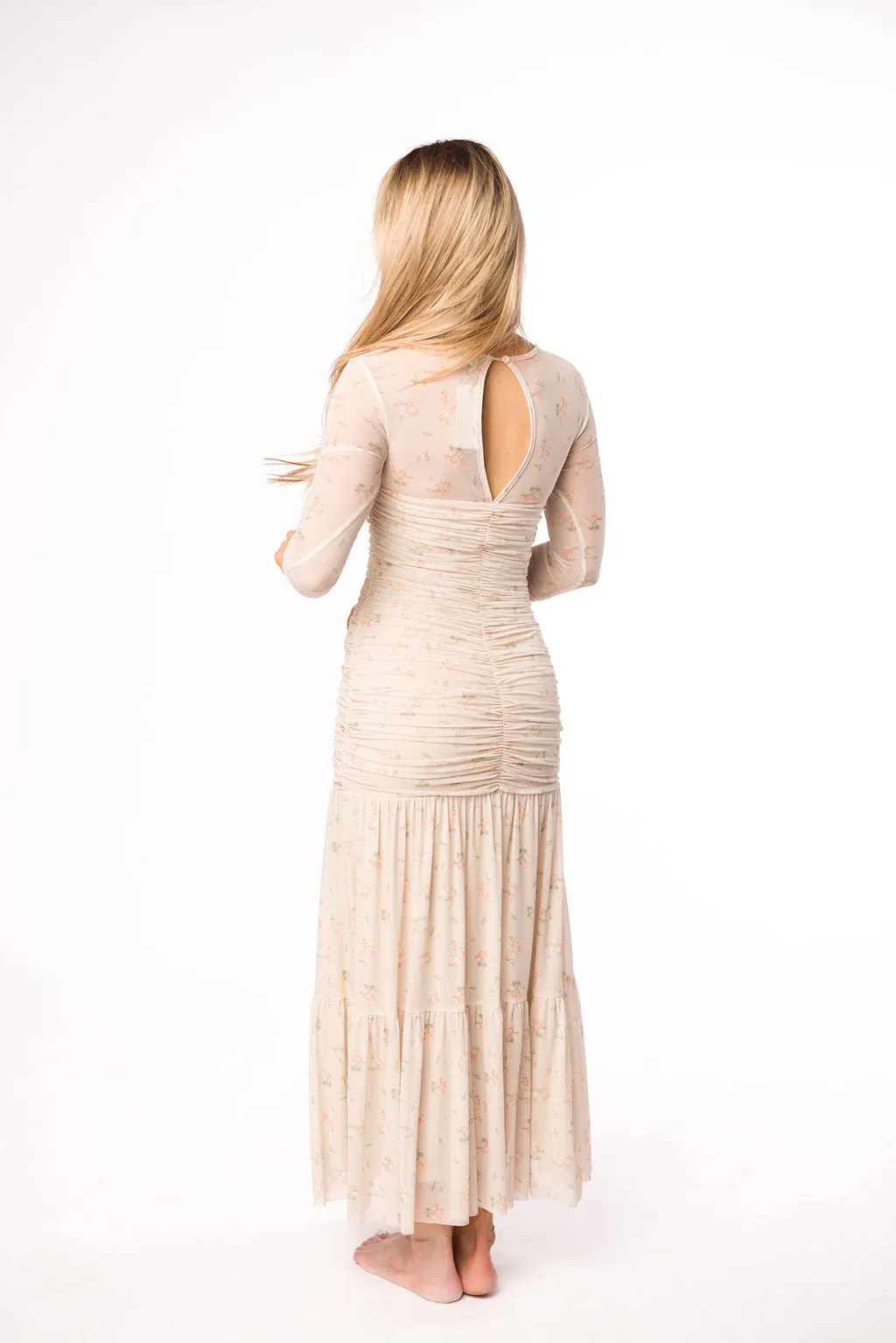 Camille Mesh Gathered Side Seam Maxi Dress in Nude Multi Floral - Bump Friendly