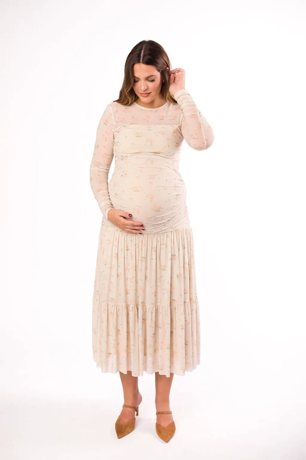 Camille Mesh Gathered Side Seam Maxi Dress in Nude Multi Floral - Bump Friendly