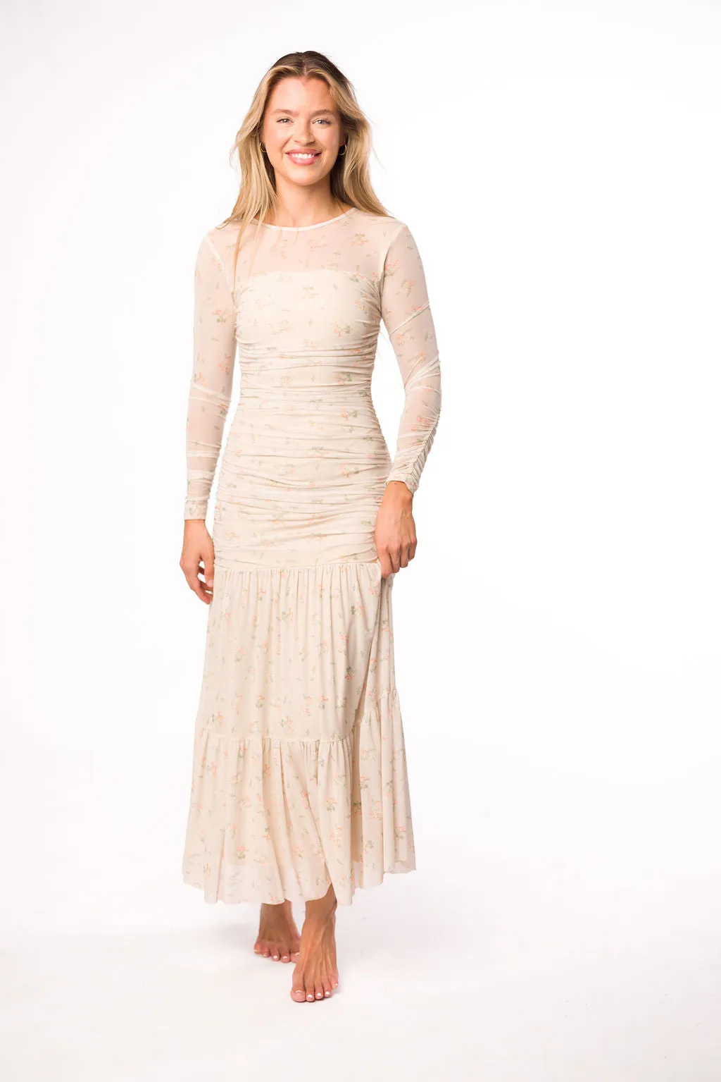Camille Mesh Gathered Side Seam Maxi Dress in Nude Multi Floral - Bump Friendly