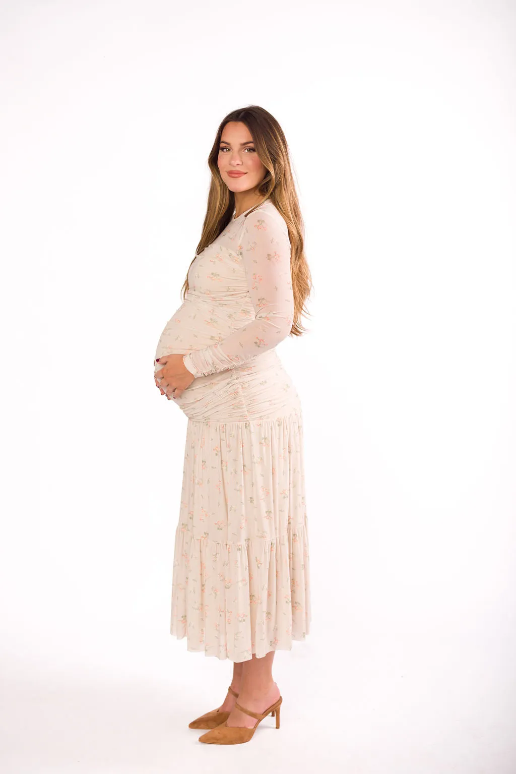Camille Mesh Gathered Side Seam Maxi Dress in Nude Multi Floral - Bump Friendly