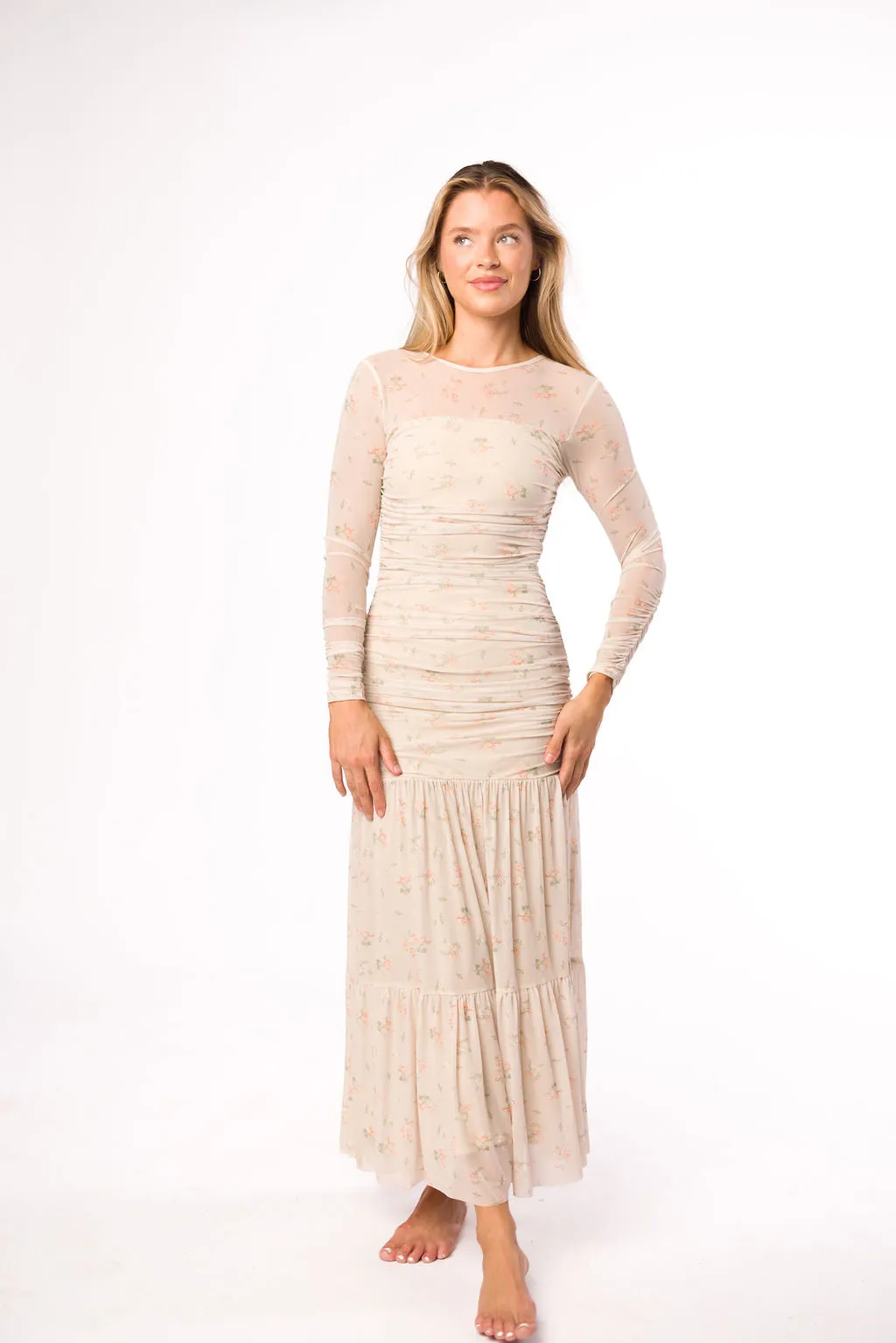 Camille Mesh Gathered Side Seam Maxi Dress in Nude Multi Floral - Bump Friendly