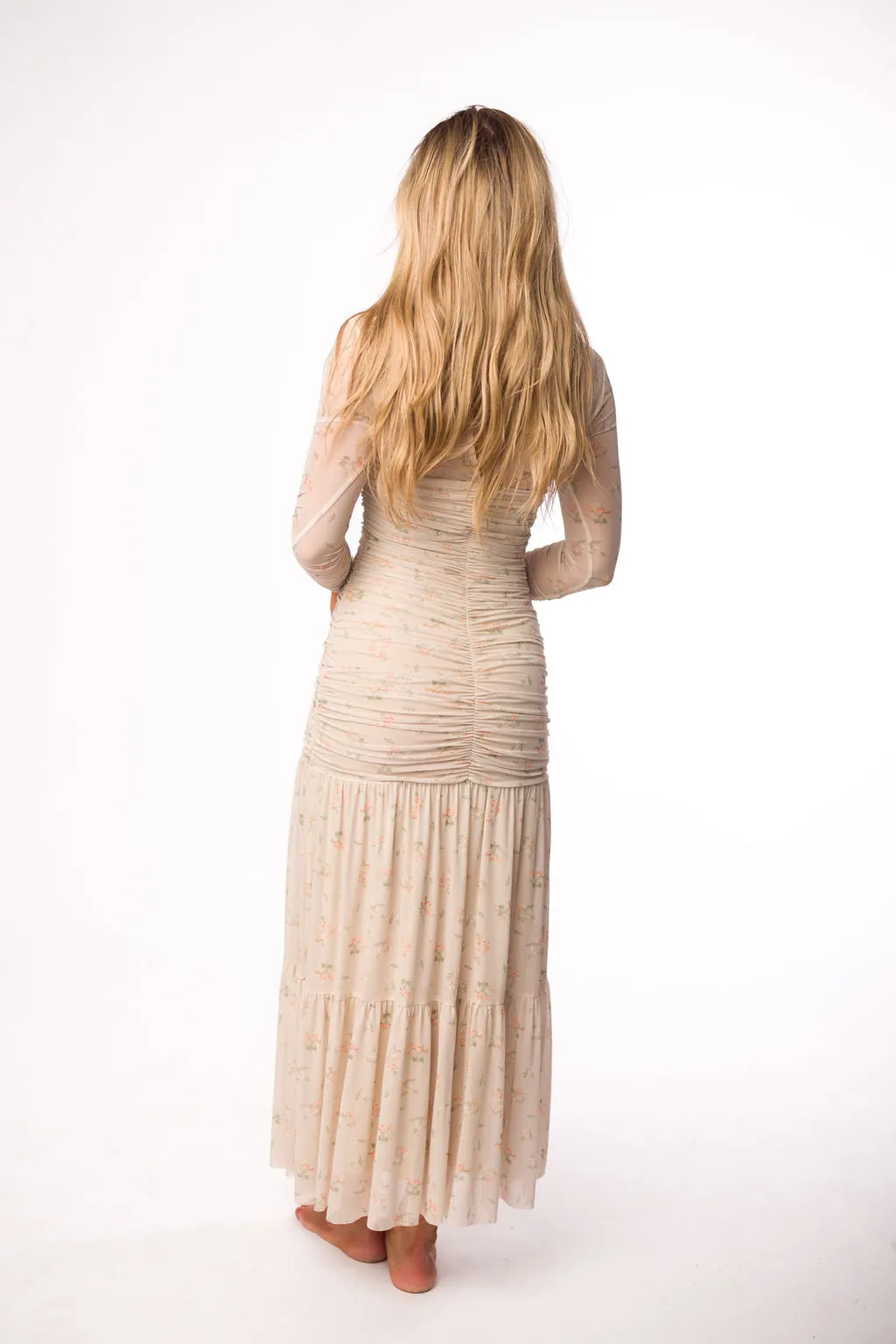 Camille Mesh Gathered Side Seam Maxi Dress in Nude Multi Floral - Bump Friendly