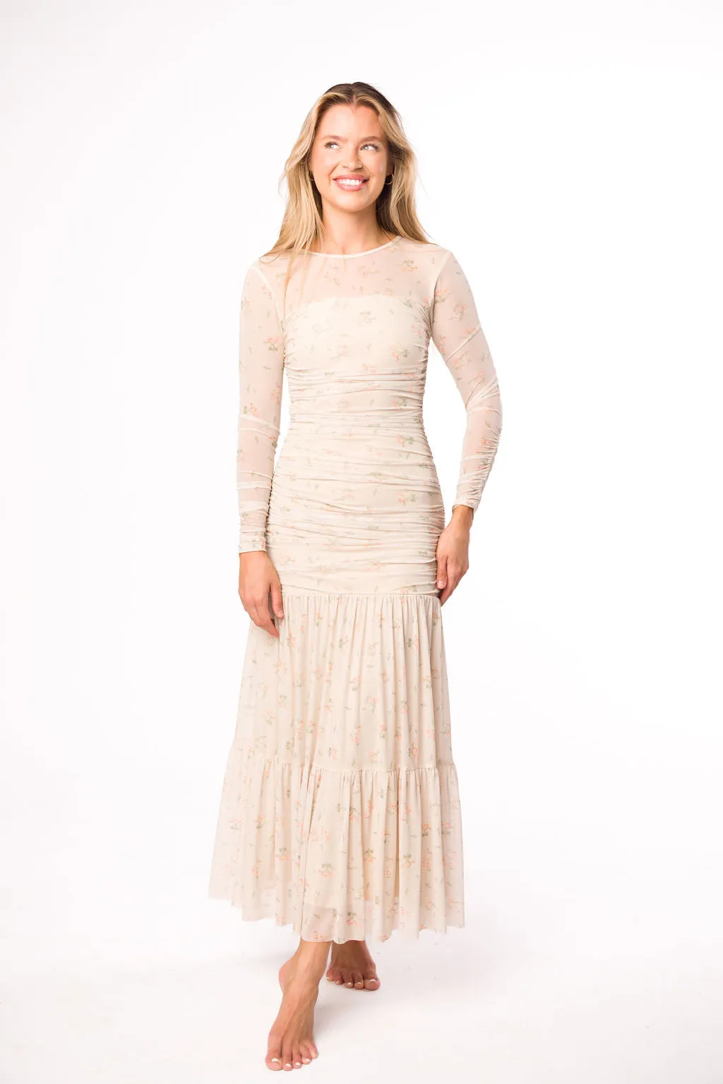 Camille Mesh Gathered Side Seam Maxi Dress in Nude Multi Floral - Bump Friendly