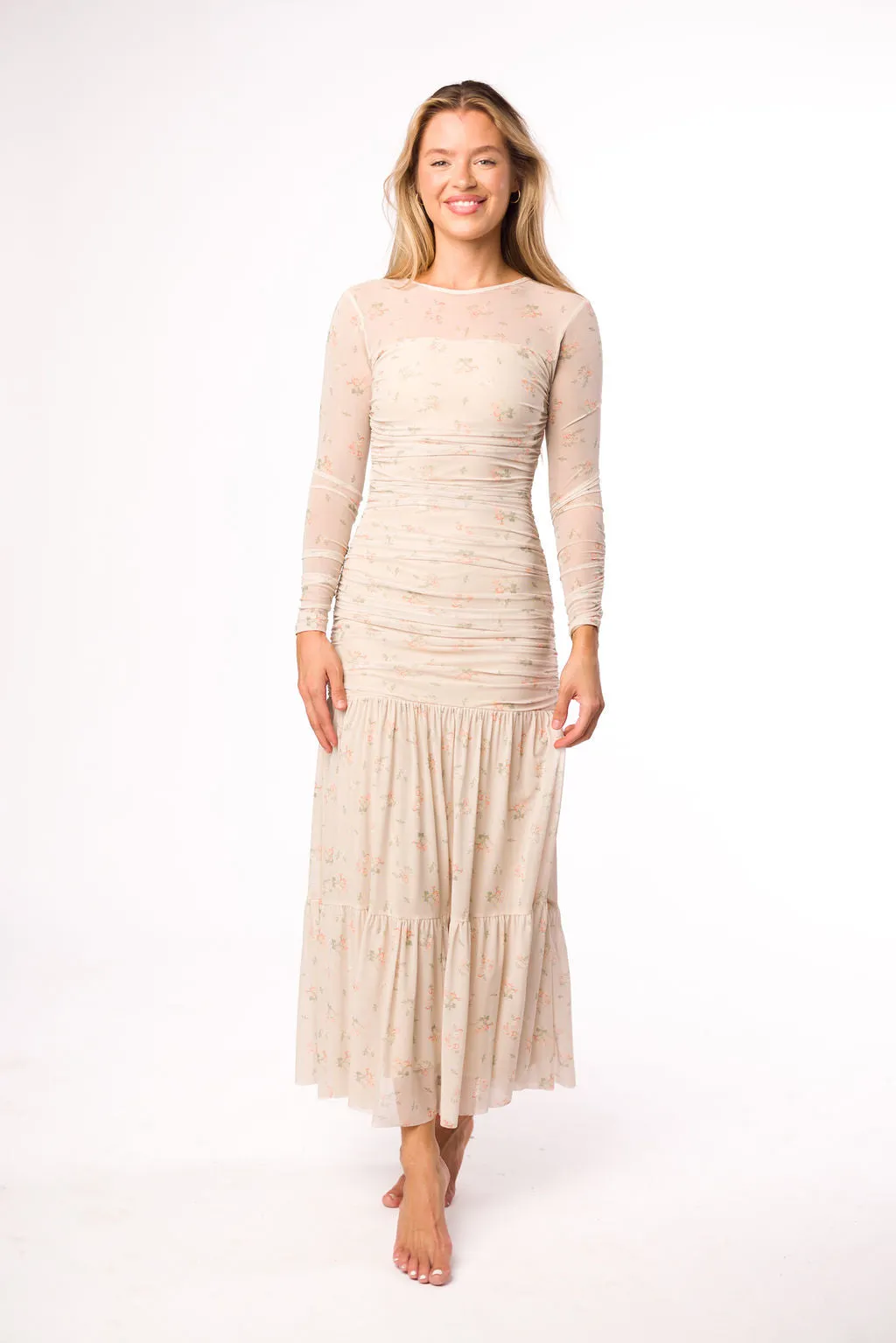 Camille Mesh Gathered Side Seam Maxi Dress in Nude Multi Floral - Bump Friendly