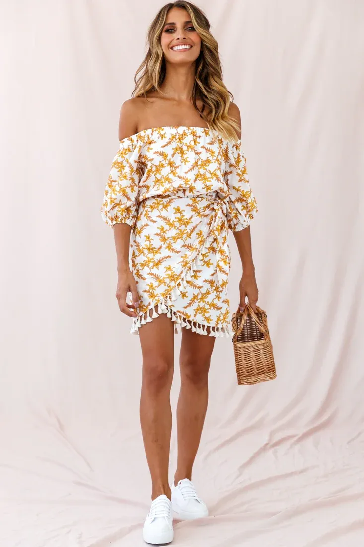 Cayman Tassel Trim Wrap Dress White/Yellow