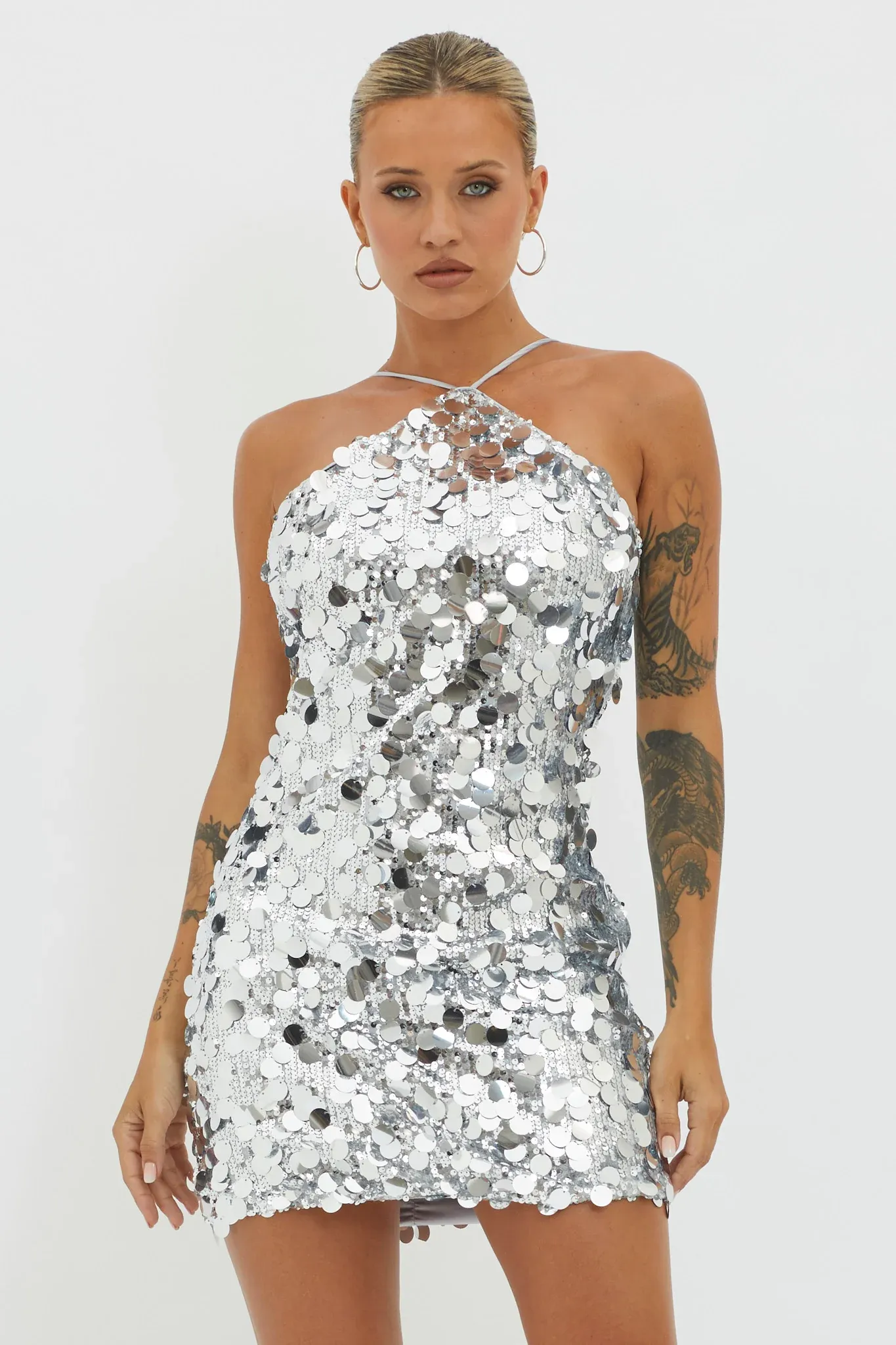 Champagne Twist Sequin Mini Dress Silver