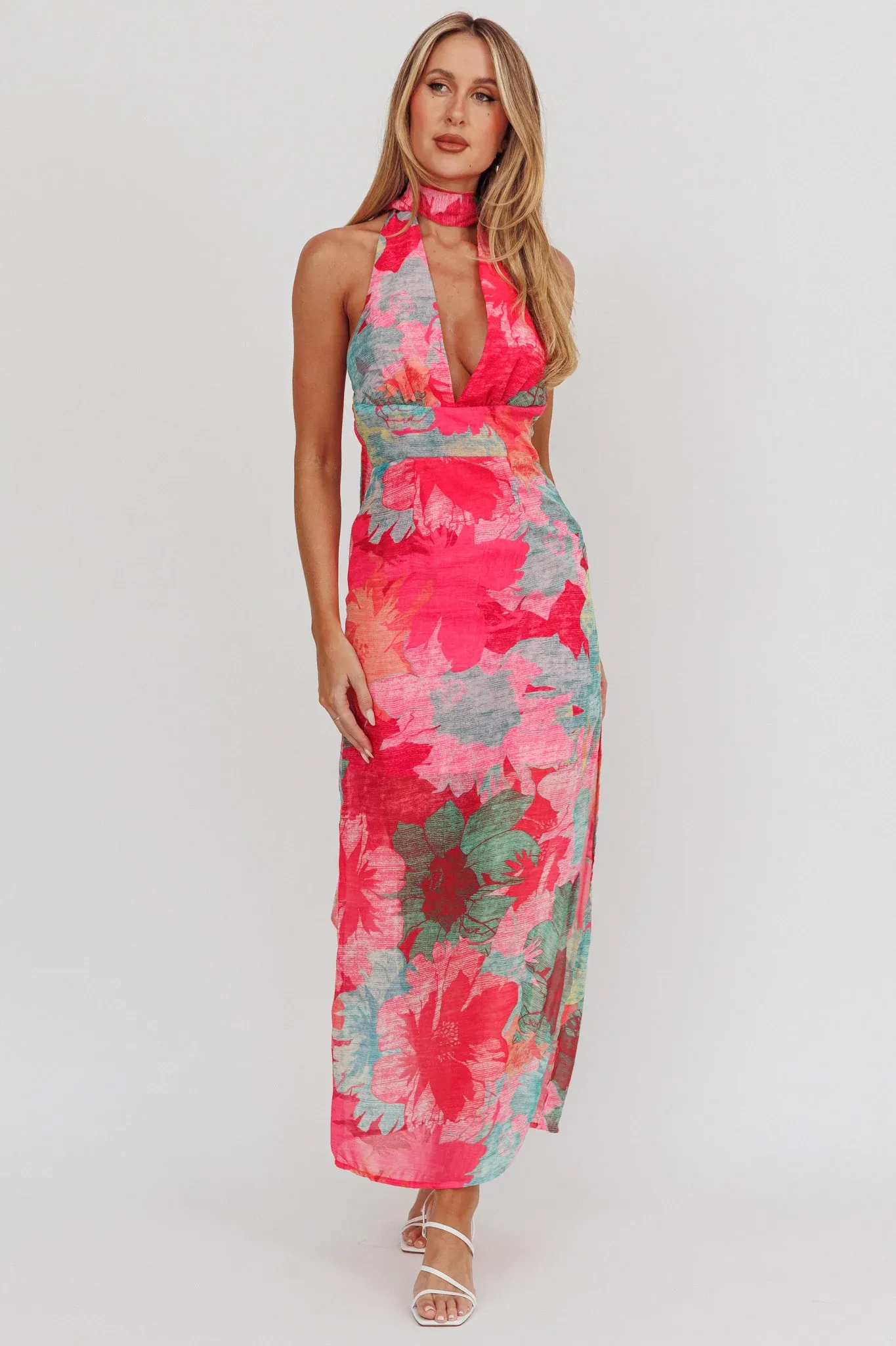 Cipriana Backless Halter Maxi Dress Floral Fuchsia