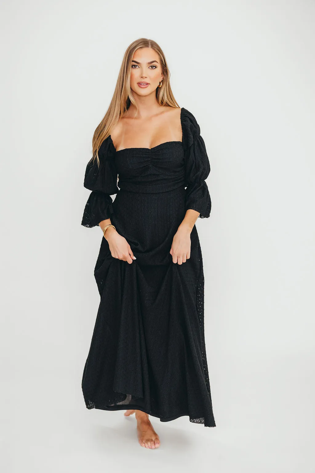 Corrine Tiered Sleeve Maxi Dress with Pockets in Black - Bump Friendly - PRE-ORDER
