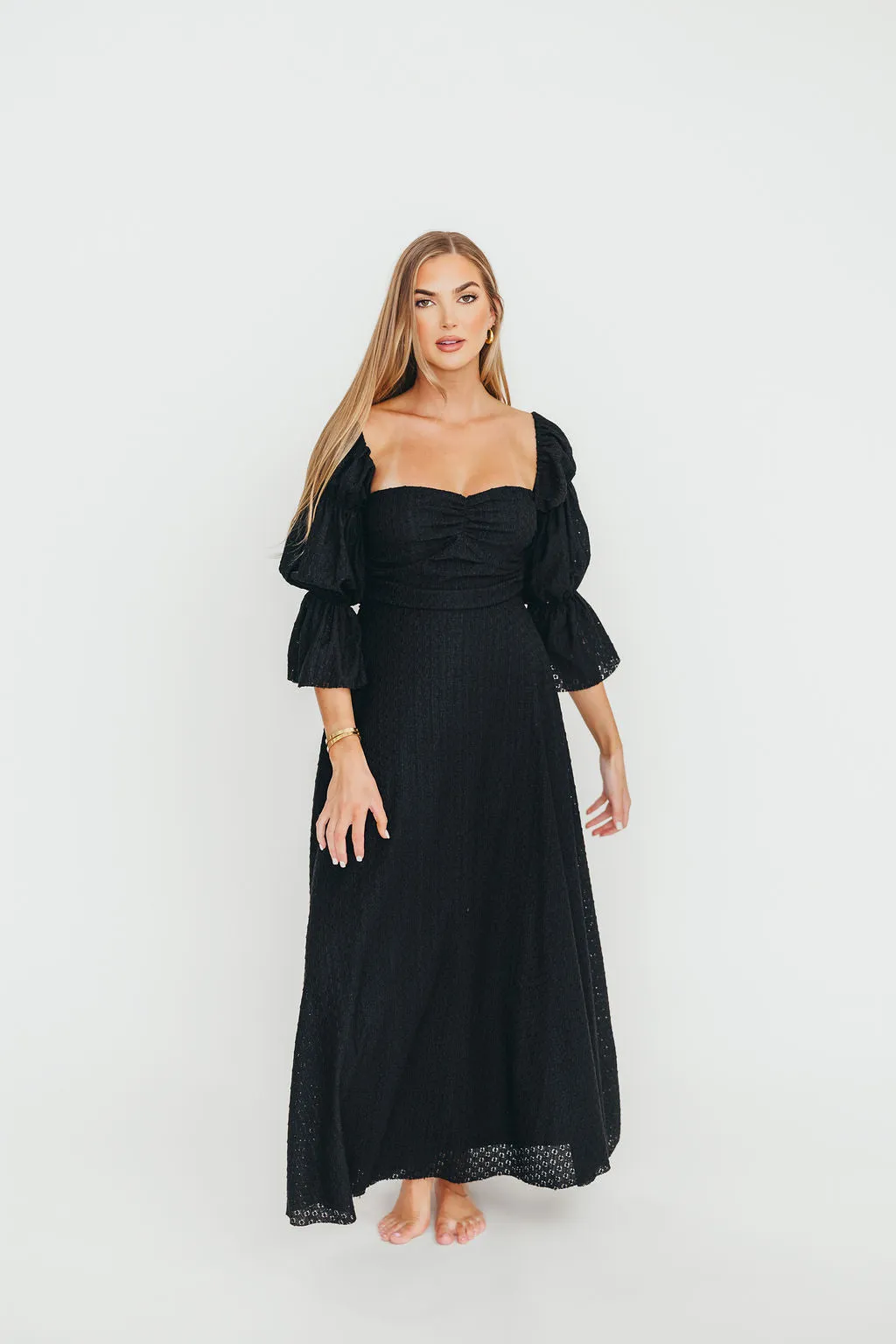 Corrine Tiered Sleeve Maxi Dress with Pockets in Black - Bump Friendly - PRE-ORDER