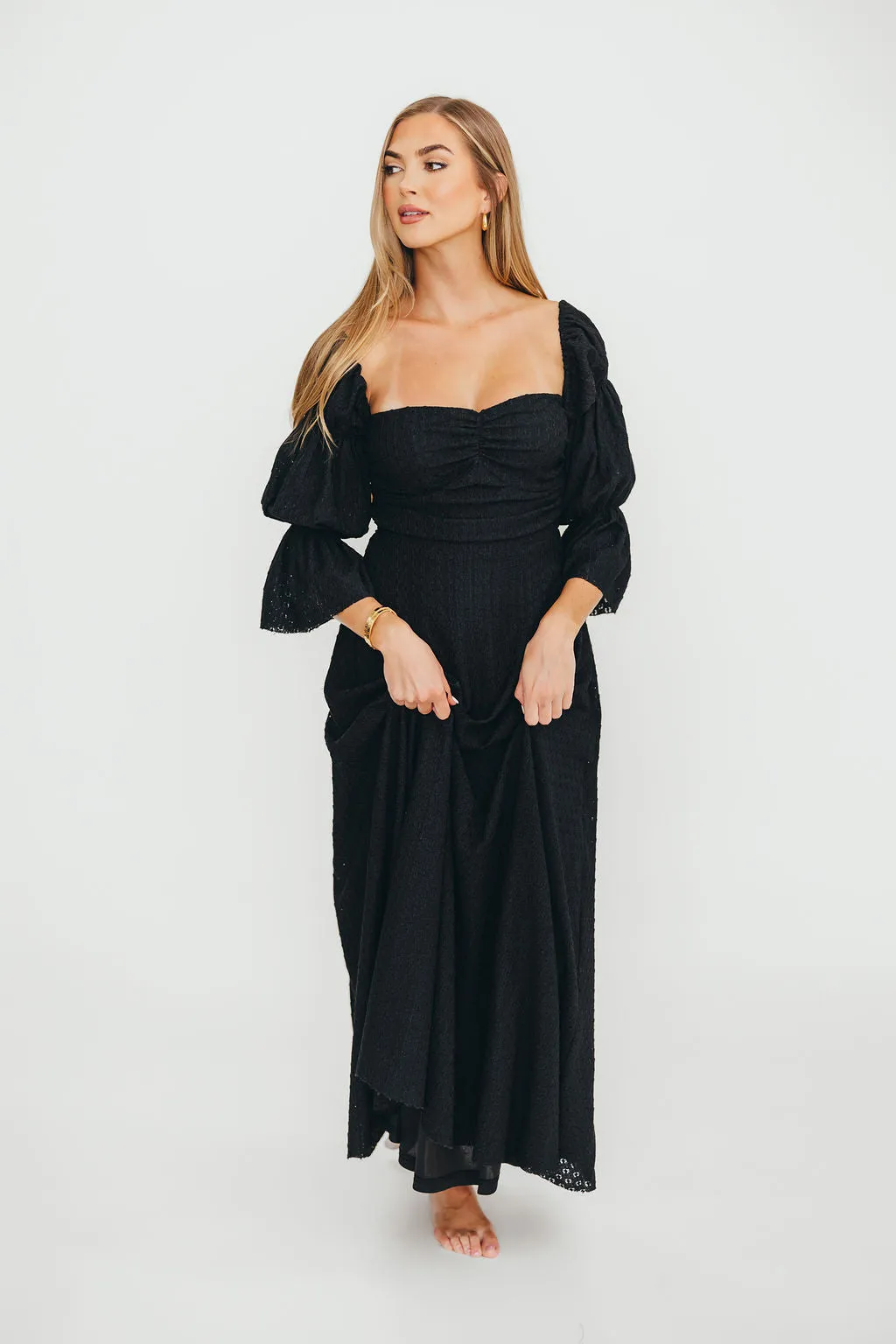 Corrine Tiered Sleeve Maxi Dress with Pockets in Black - Bump Friendly - PRE-ORDER