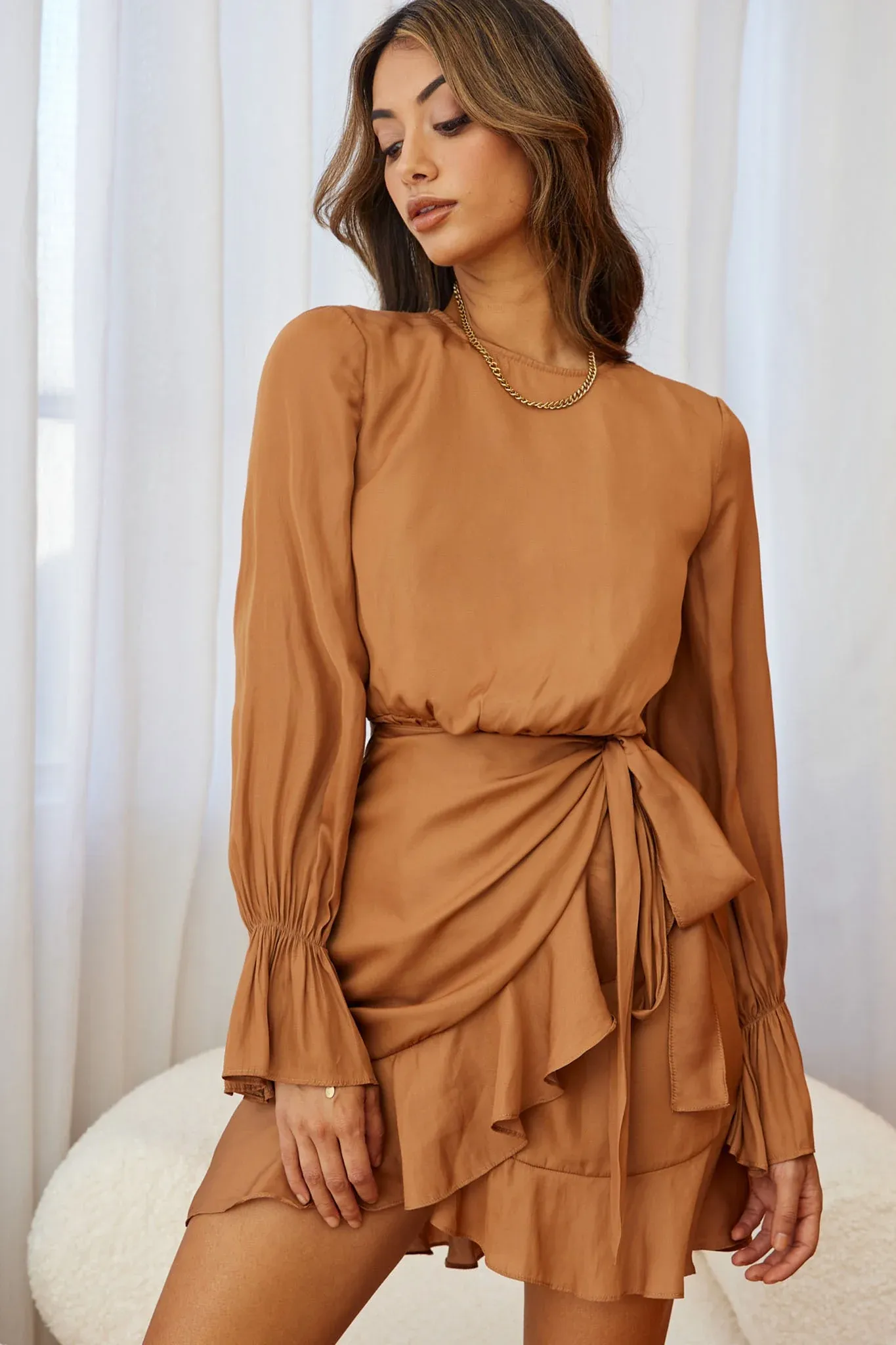 Darla Long Sleeve Satin Dress Tan