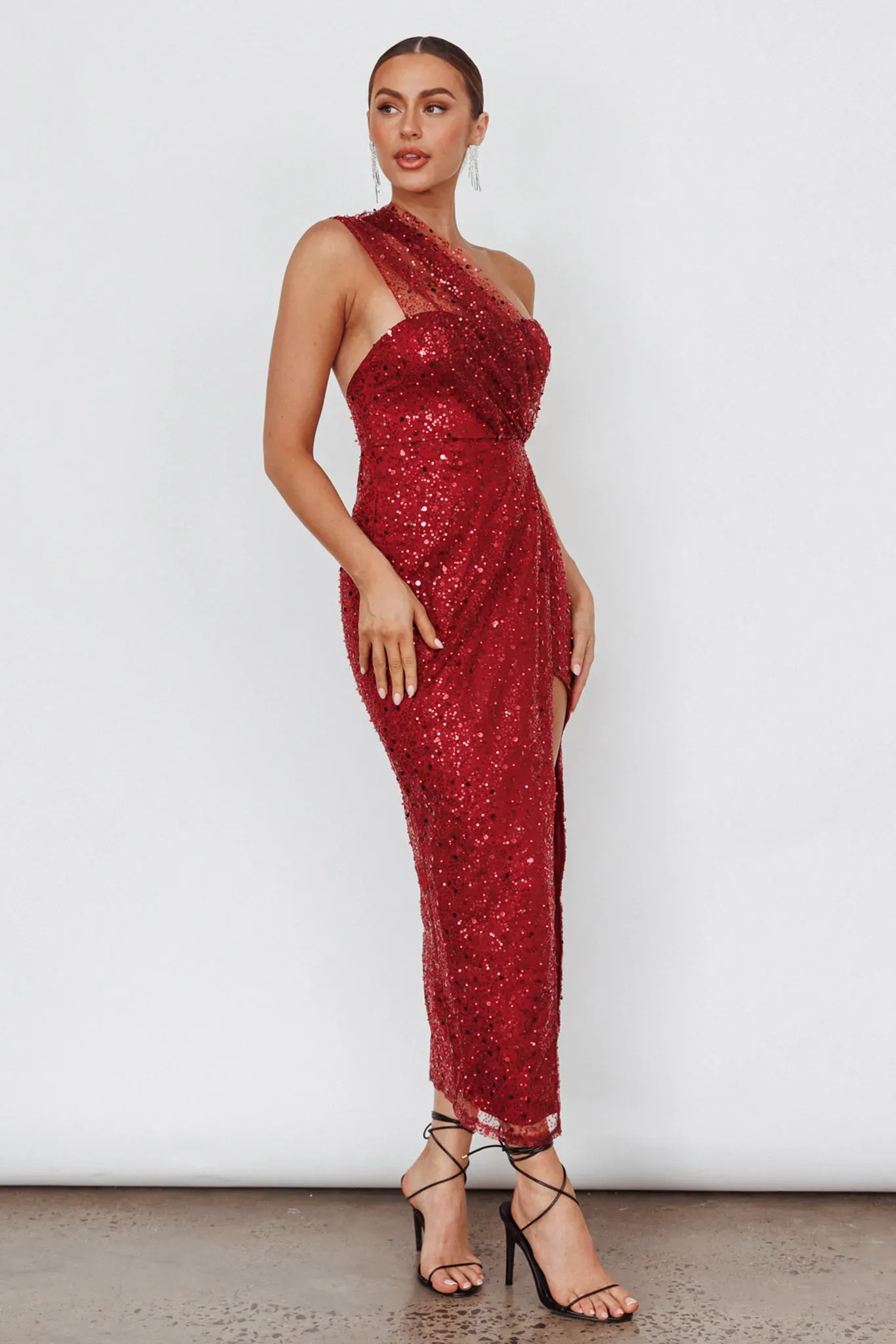 Doniella One-Shoulder Split Sequin Maxi Dress Wine