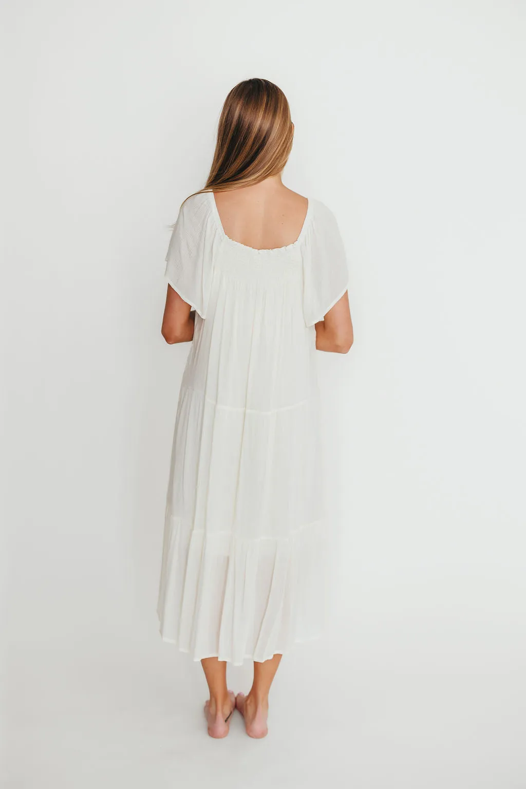 Eloise Flutter Sleeve Midi Dress in Off-White