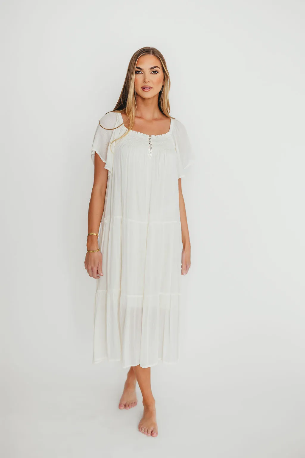 Eloise Flutter Sleeve Midi Dress in Off-White