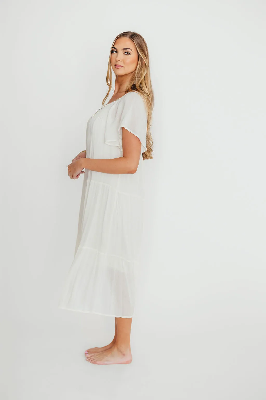 Eloise Flutter Sleeve Midi Dress in Off-White