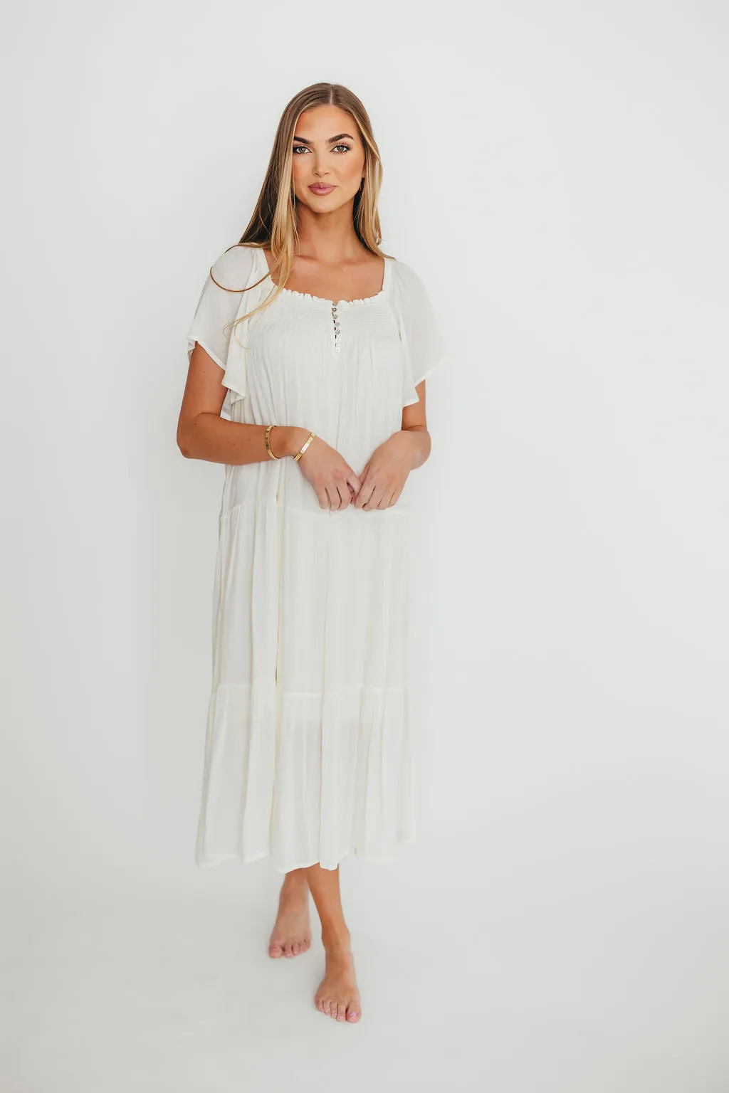Eloise Flutter Sleeve Midi Dress in Off-White
