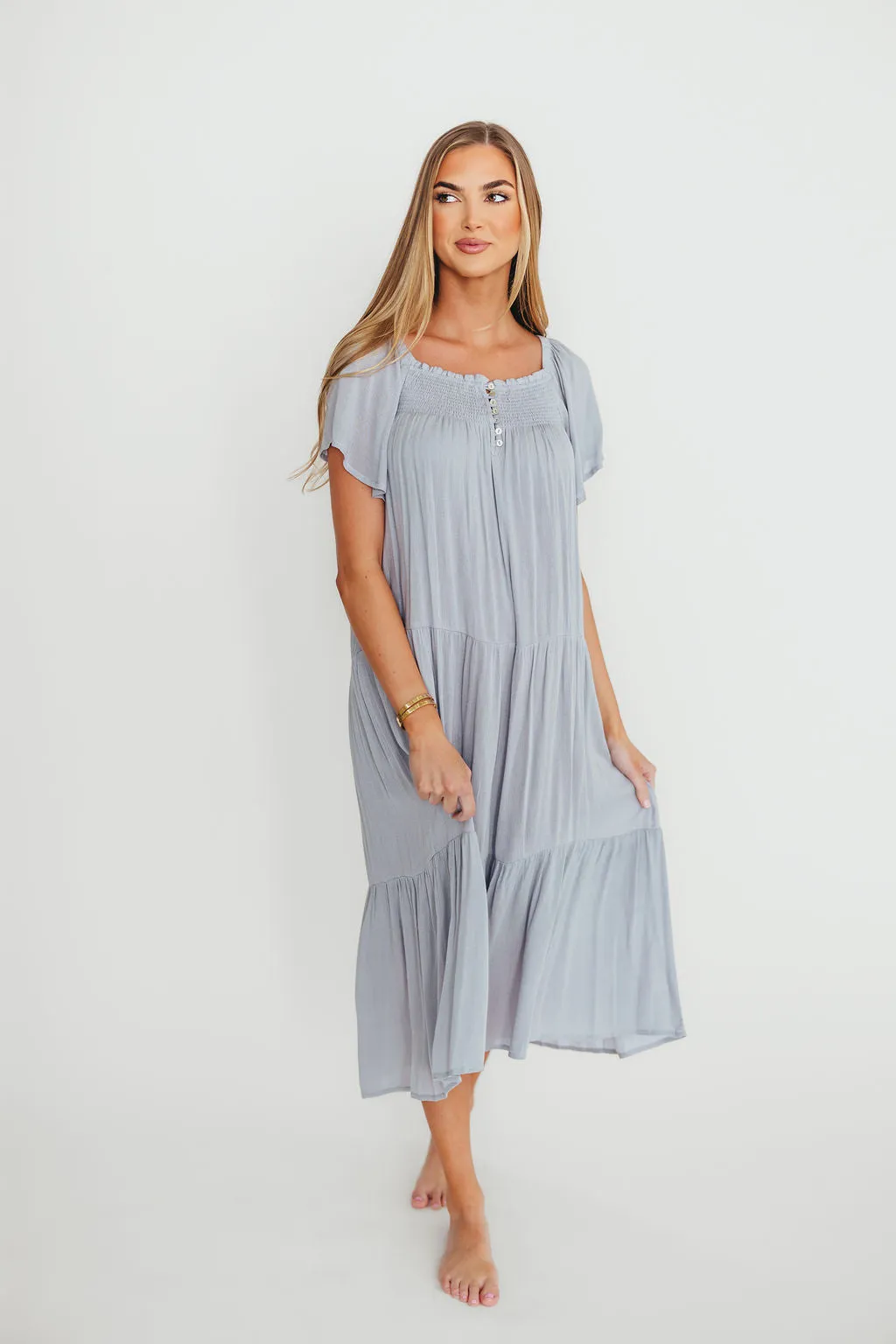 Eloise Flutter Sleeve Midi Dress in Slate