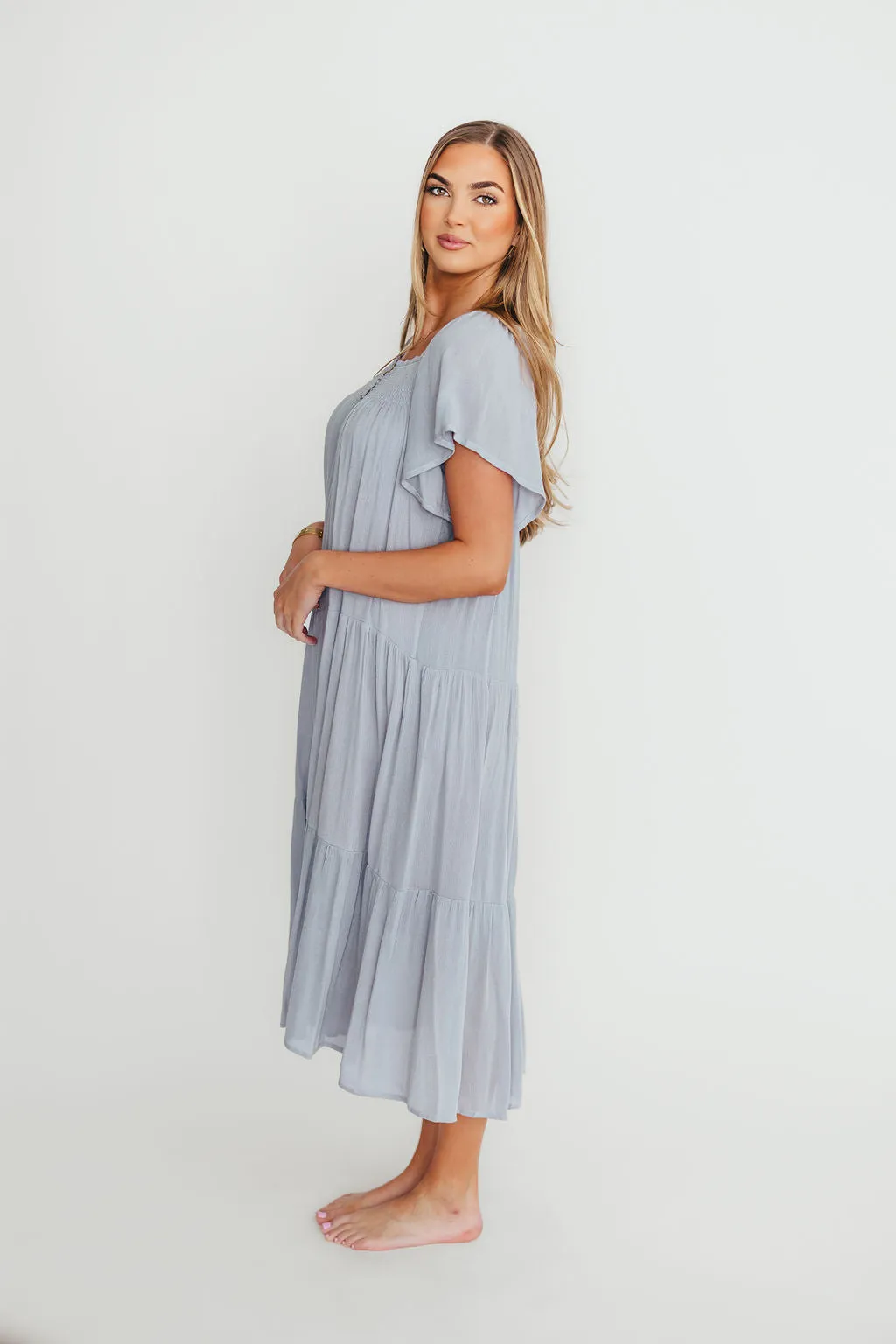 Eloise Flutter Sleeve Midi Dress in Slate