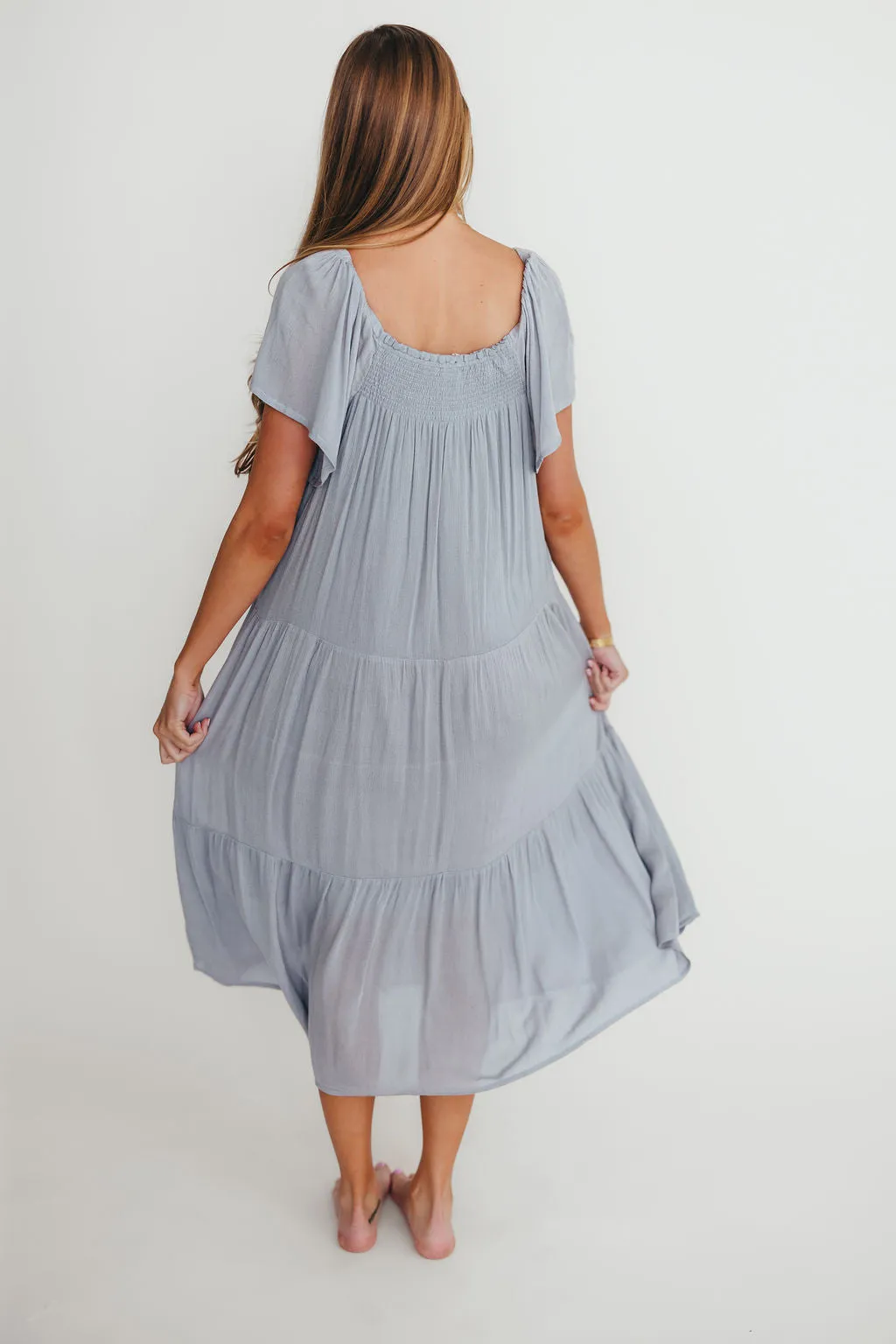 Eloise Flutter Sleeve Midi Dress in Slate