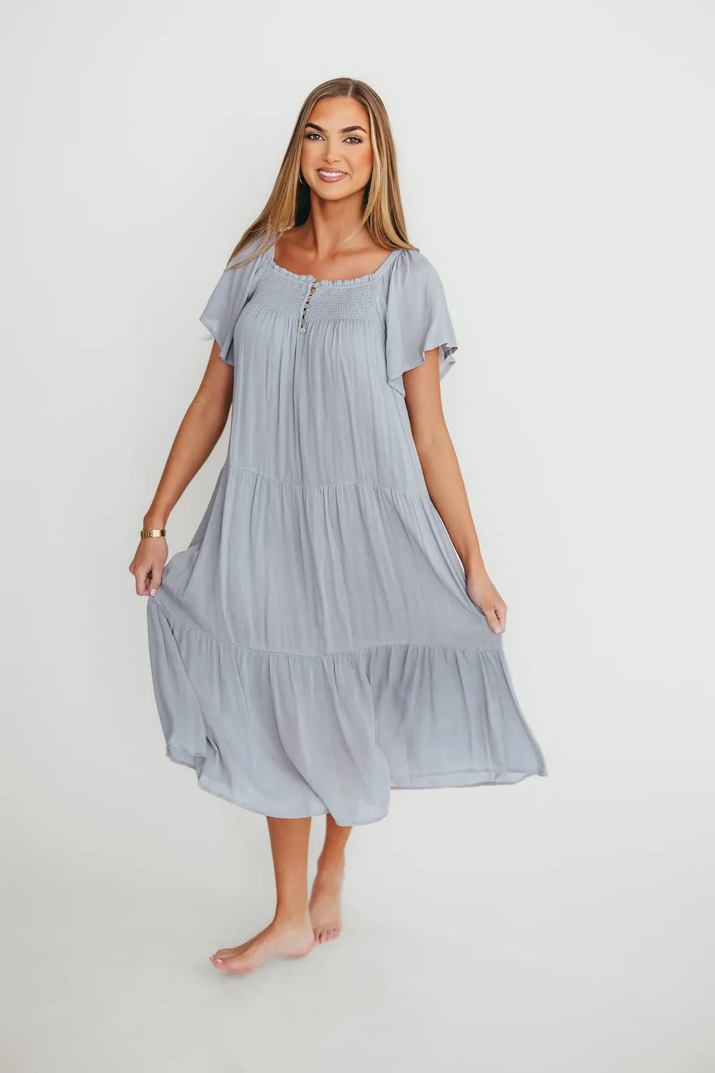 Eloise Flutter Sleeve Midi Dress in Slate