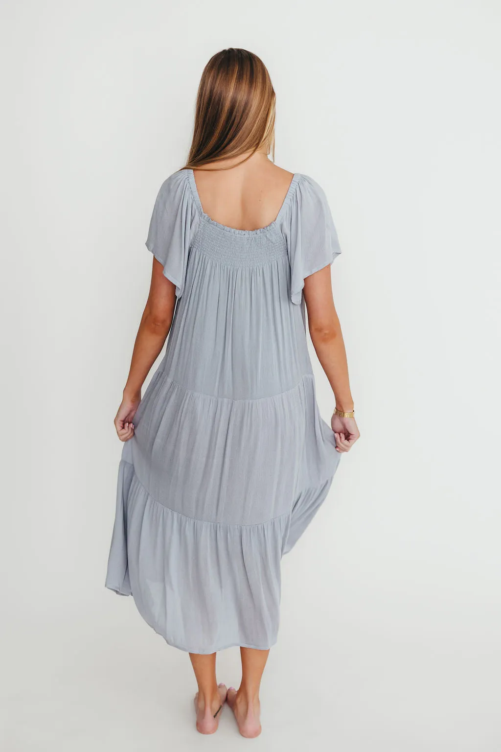 Eloise Flutter Sleeve Midi Dress in Slate