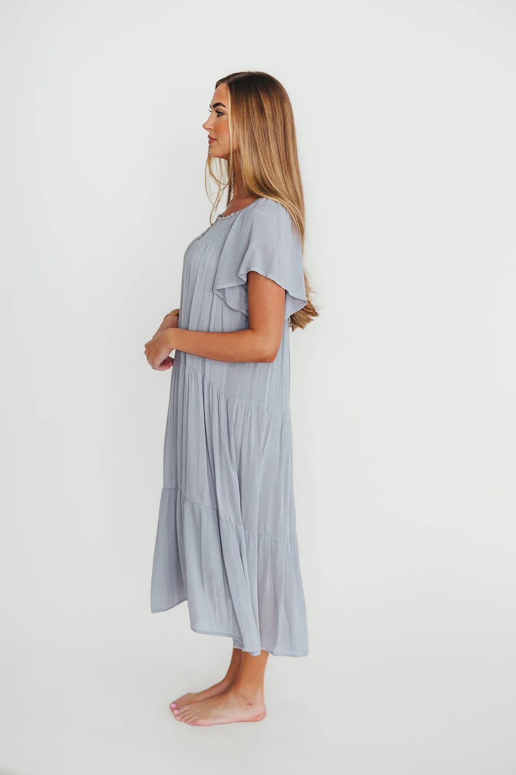 Eloise Flutter Sleeve Midi Dress in Slate