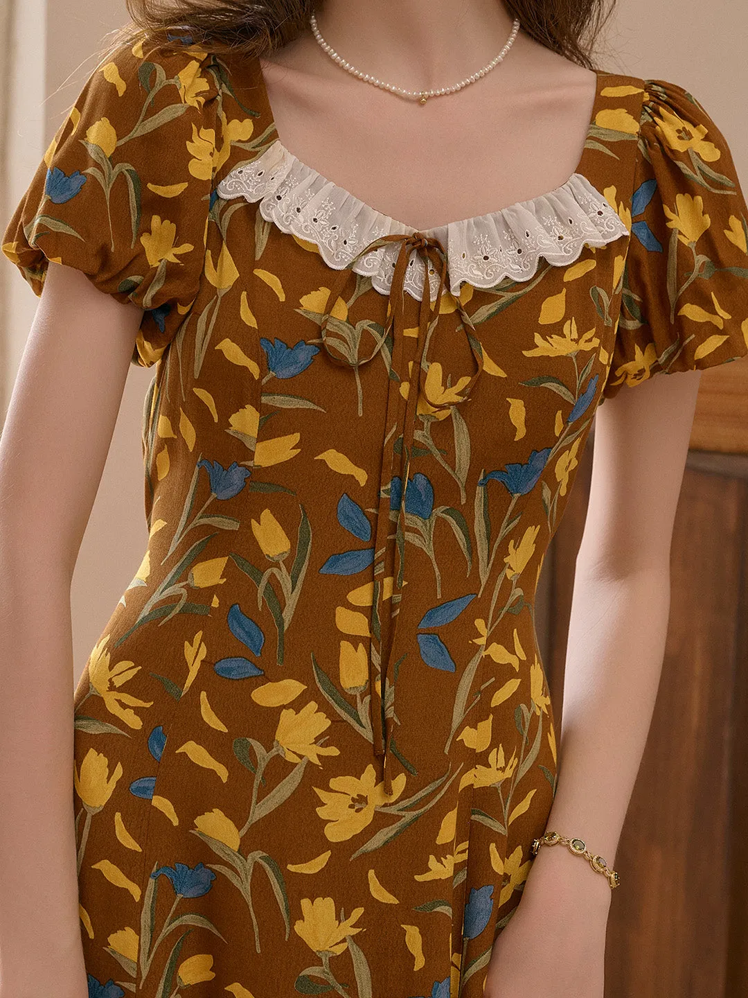 Emma Square Neck Lace Puff Sleeves Dress