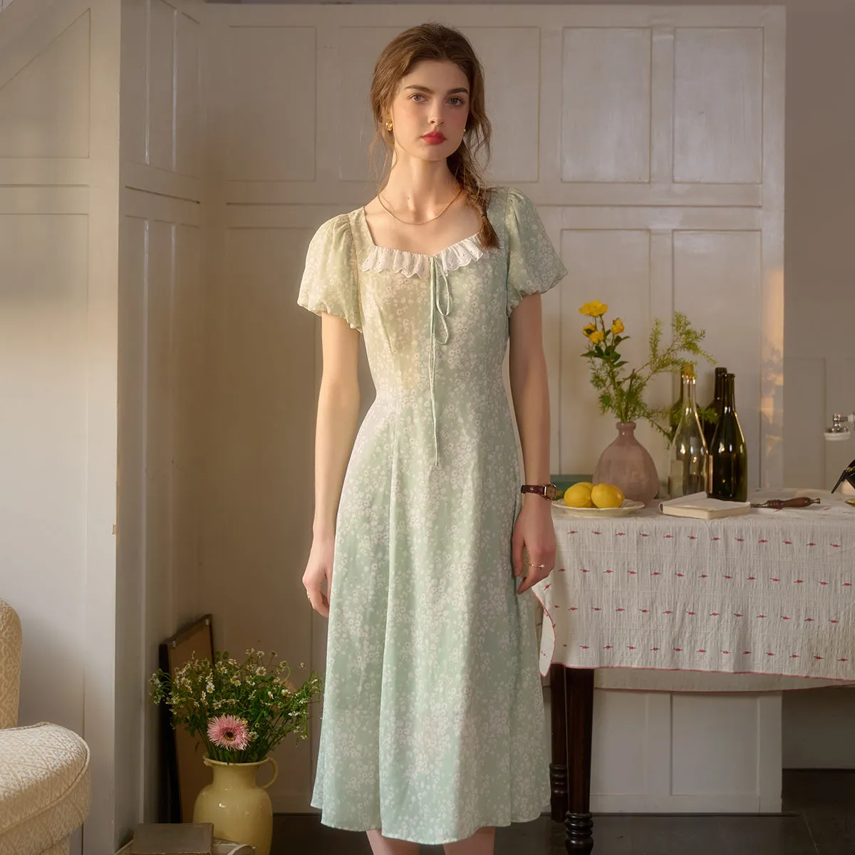 Emma Square Neck Lace Puff Sleeves Dress
