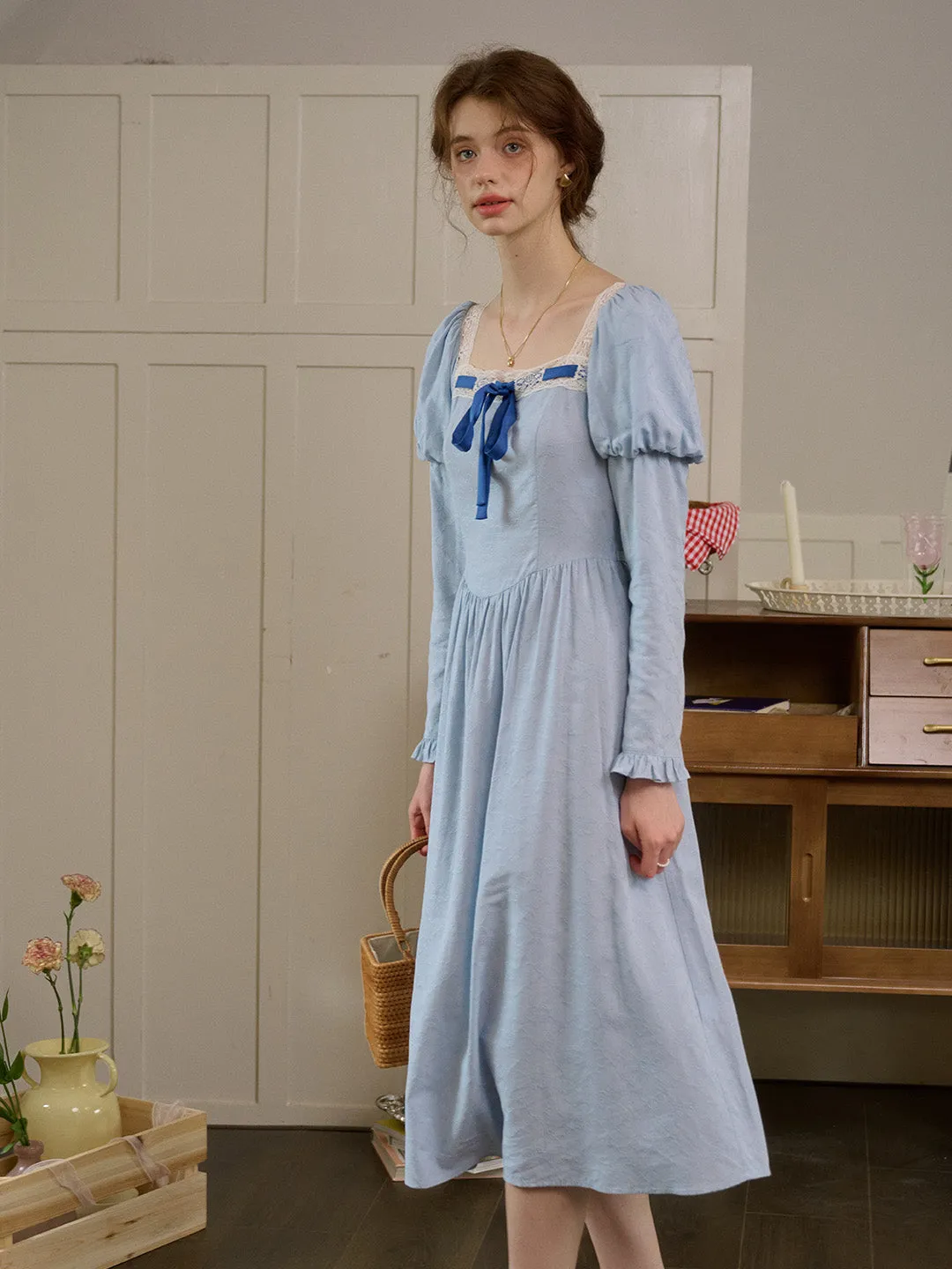 【Final Sale】Genesis Square Collar Bow Light Blue Dress