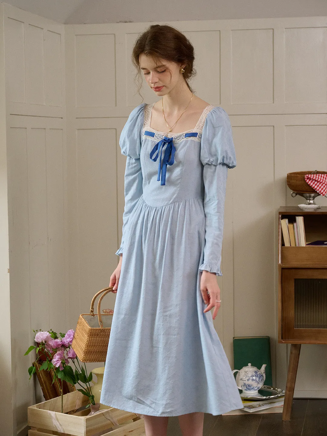 【Final Sale】Genesis Square Collar Bow Light Blue Dress