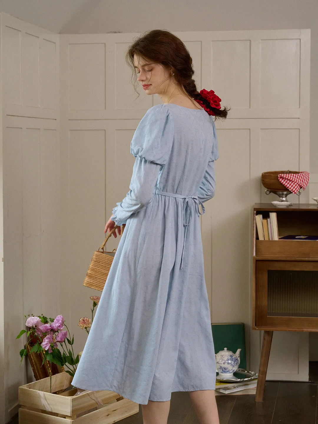 【Final Sale】Genesis Square Collar Bow Light Blue Dress