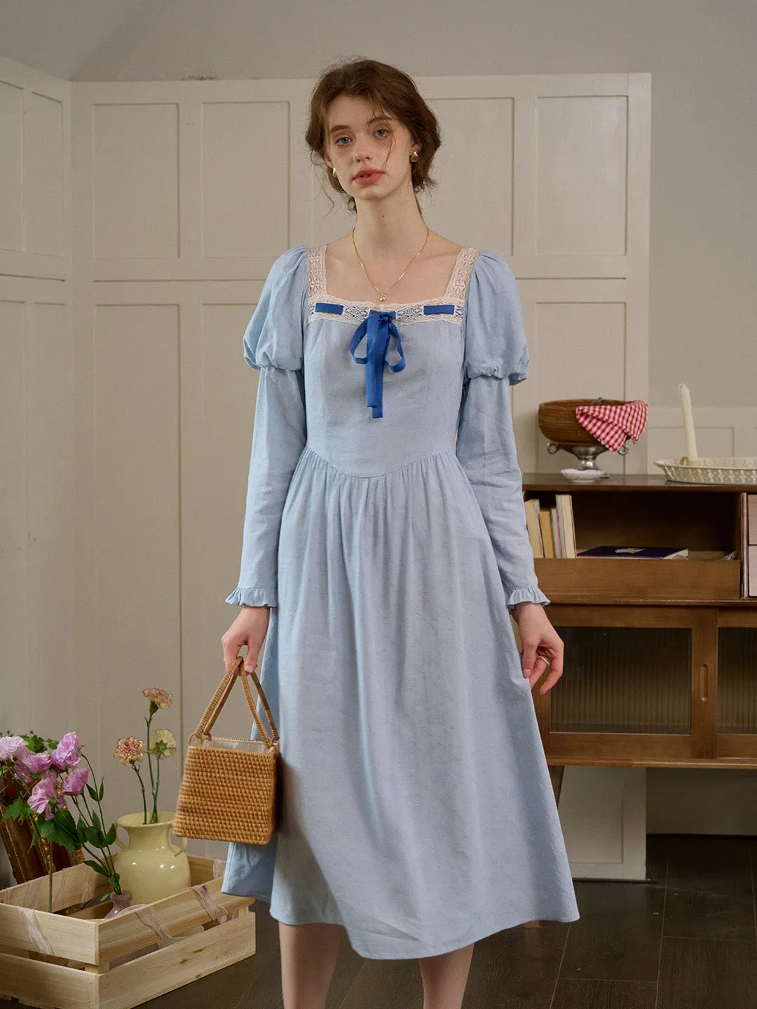 【Final Sale】Genesis Square Collar Bow Light Blue Dress