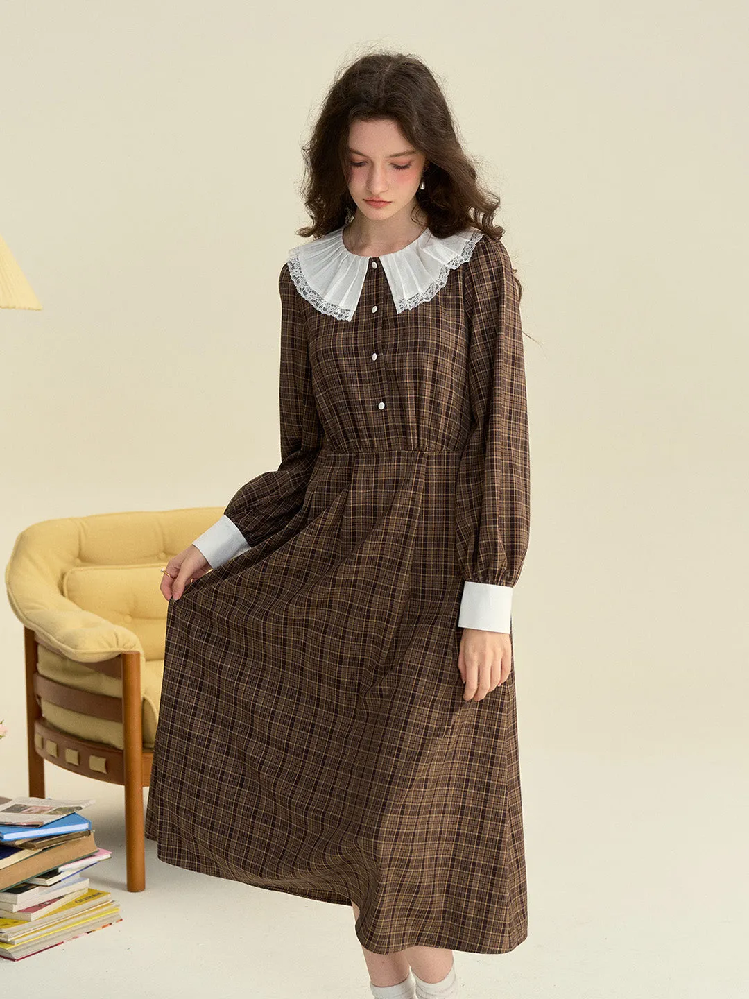 【Final Sale】Jessica Retro Round Neck Plaid Dress