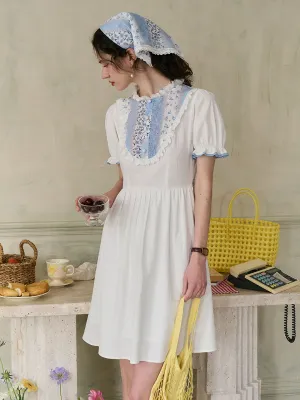 【Final Sale】Katie Lace Round Neck Striped Floral Contrast Puff Sleeve Patchwork Cotton Dress