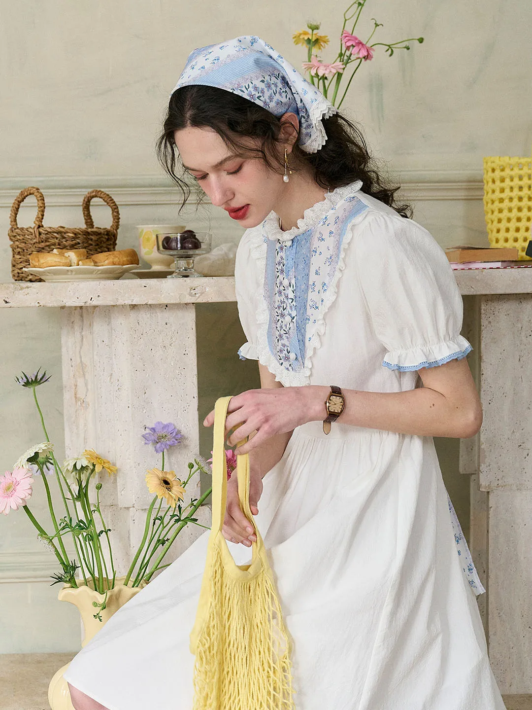【Final Sale】Katie Lace Round Neck Striped Floral Contrast Puff Sleeve Patchwork Cotton Dress