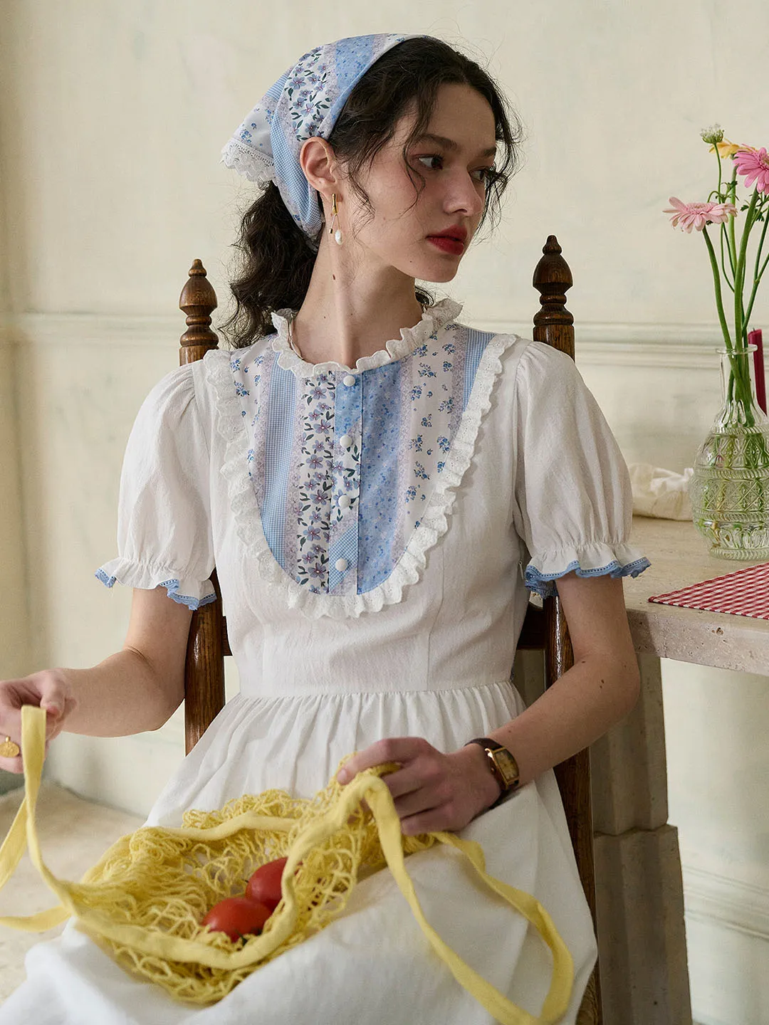 【Final Sale】Katie Lace Round Neck Striped Floral Contrast Puff Sleeve Patchwork Cotton Dress