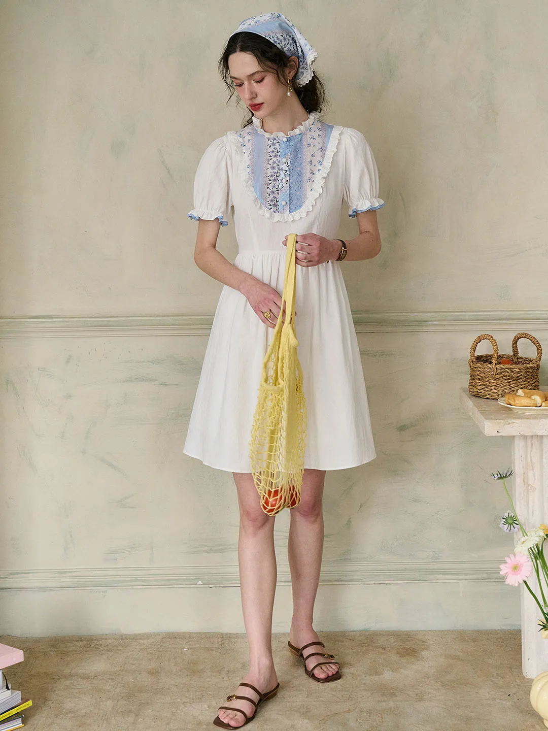 【Final Sale】Katie Lace Round Neck Striped Floral Contrast Puff Sleeve Patchwork Cotton Dress